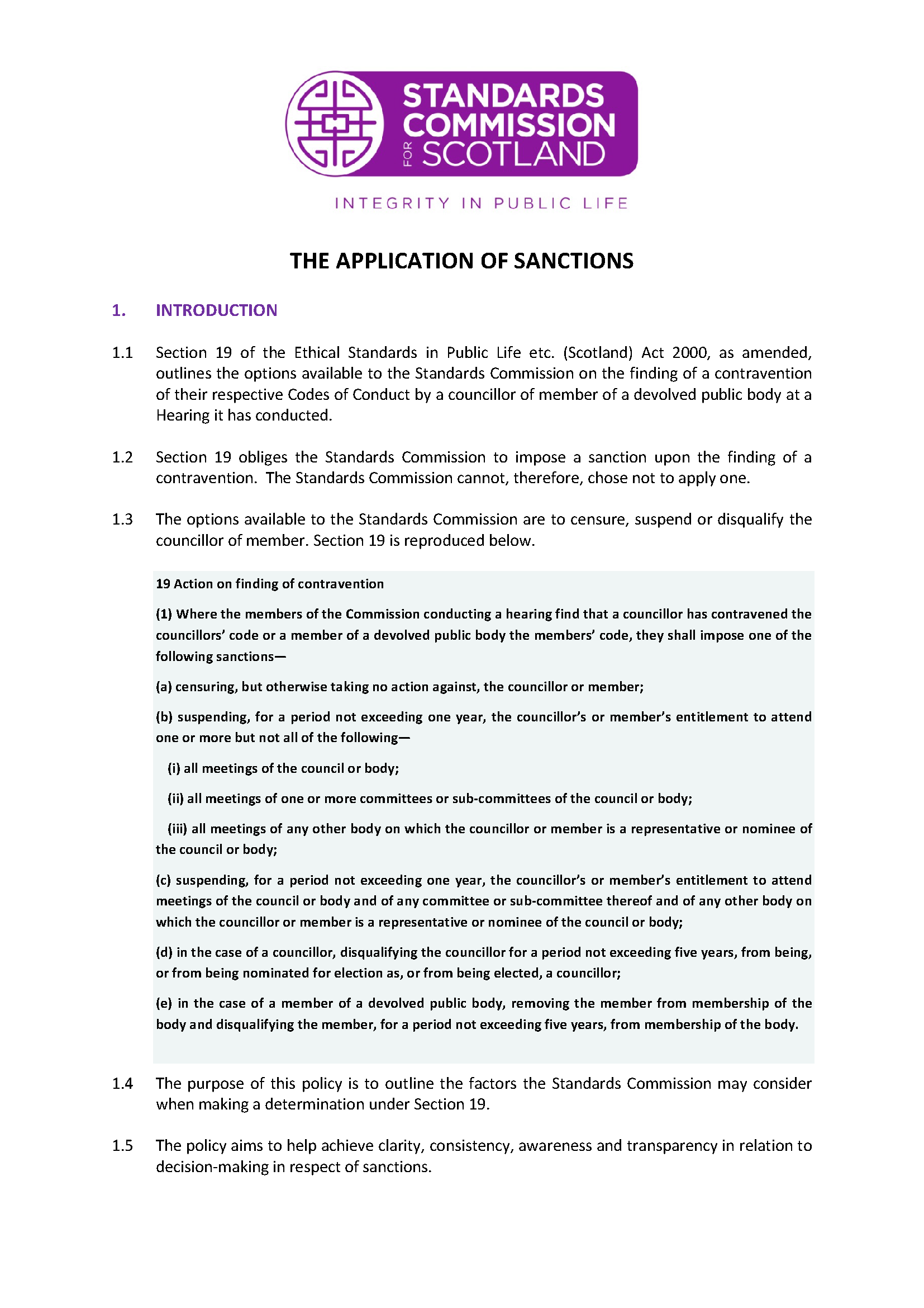 Policy on the Application of Sanctions