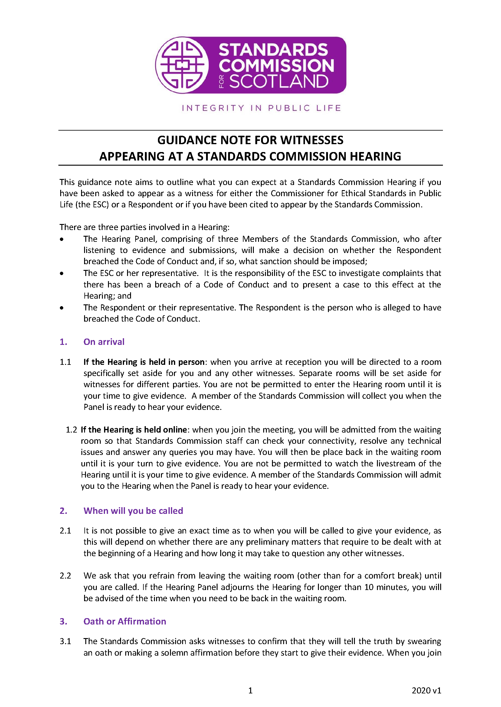 Guidance Note for Witnesses